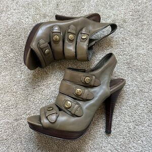 Coach Olive Green Leather Open-Toe Retro Platform Heels